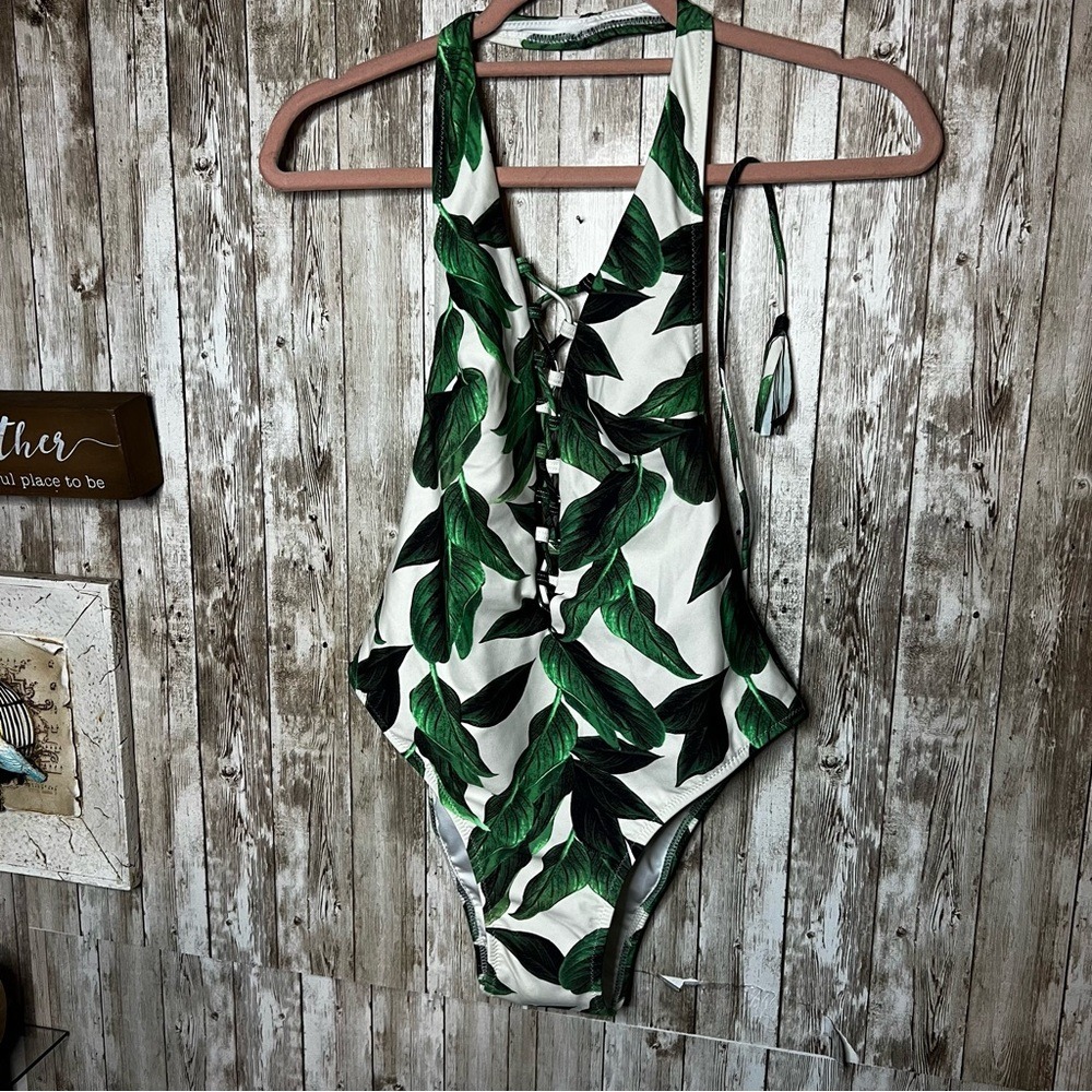 Show Me Your Mumu Tropical Leaf Print One-Piece Swimsuit with Ties Size Small